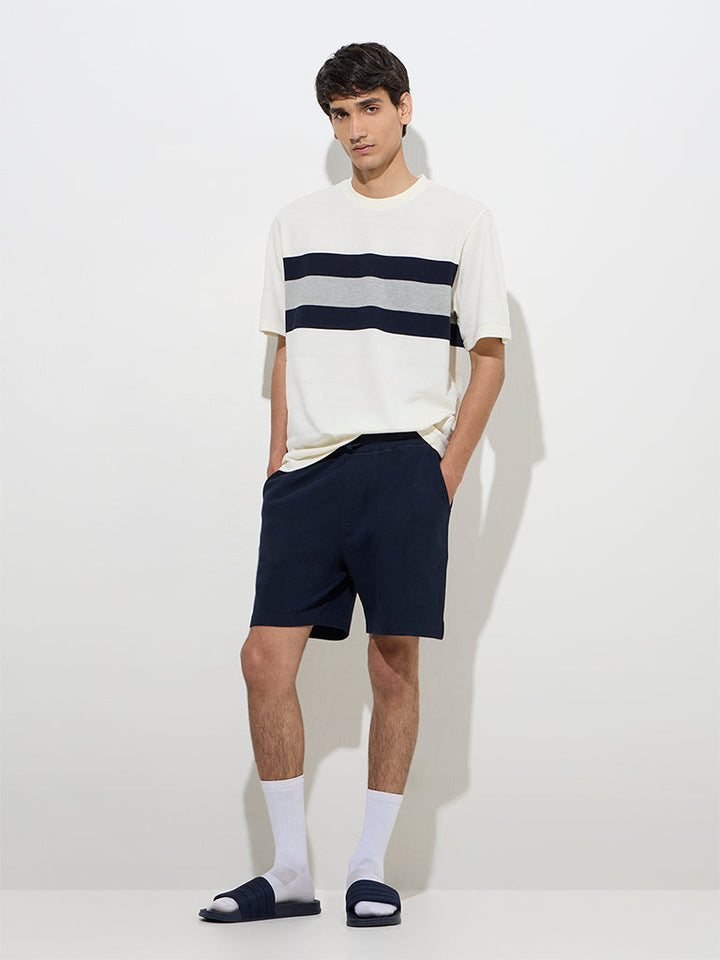 WES Lounge White Striped Relaxed-Fit Cotton-Blend T-Shirt