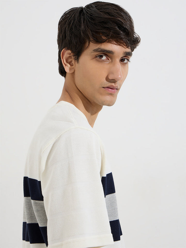 WES Lounge White Striped Relaxed-Fit Cotton-Blend T-Shirt