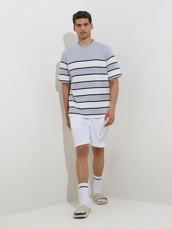WES Lounge Grey Striped Relaxed-Fit Cotton-Blend T-Shirt