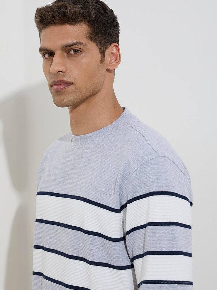 WES Lounge Grey Striped Relaxed-Fit Cotton-Blend T-Shirt