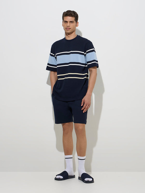 WES Lounge Navy Striped Relaxed-Fit Cotton-Blend T-Shirt