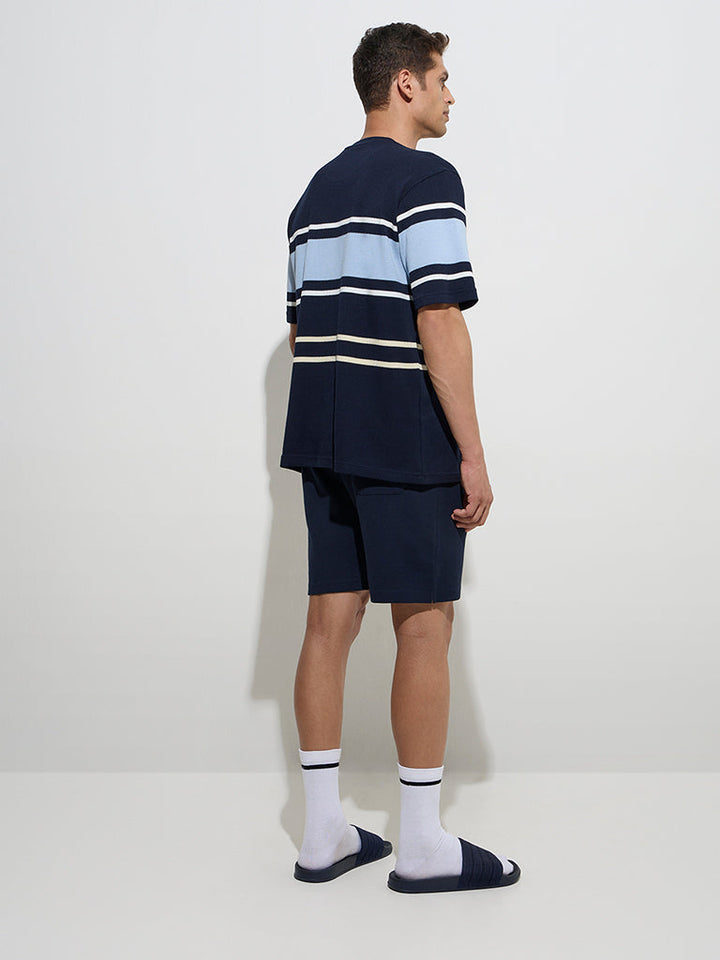 WES Lounge Navy Striped Relaxed-Fit Cotton-Blend T-Shirt