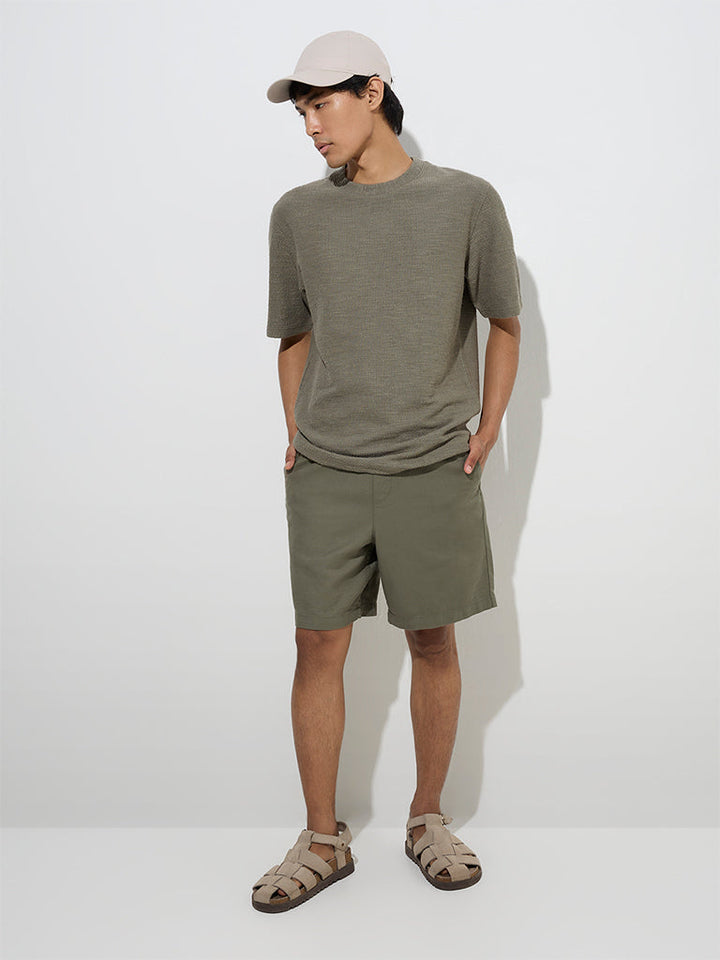 ETA Dark Sage Knitted Relaxed-Fit Cotton-Blend T-Shirt