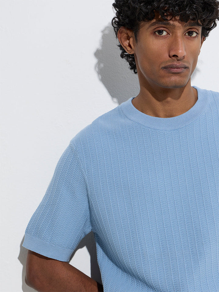 Ascot Blue Knit-Textured Relaxed-Fit Cotton-Blend T-Shirt