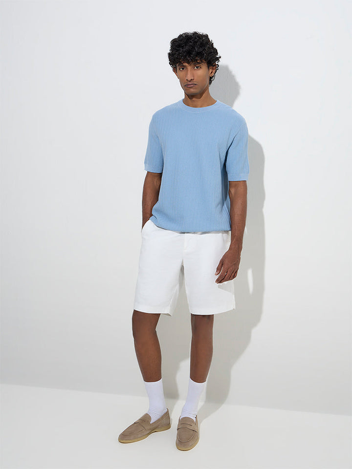 Ascot Blue Knit-Textured Relaxed-Fit Cotton-Blend T-Shirt
