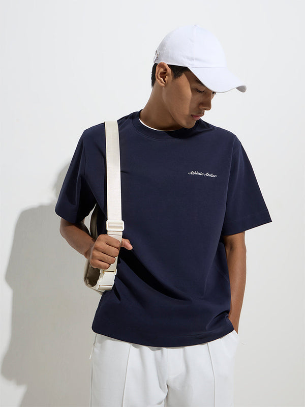 Studiofit Navy Embroidered Relaxed-Fit Cotton-Blend T-Shirt