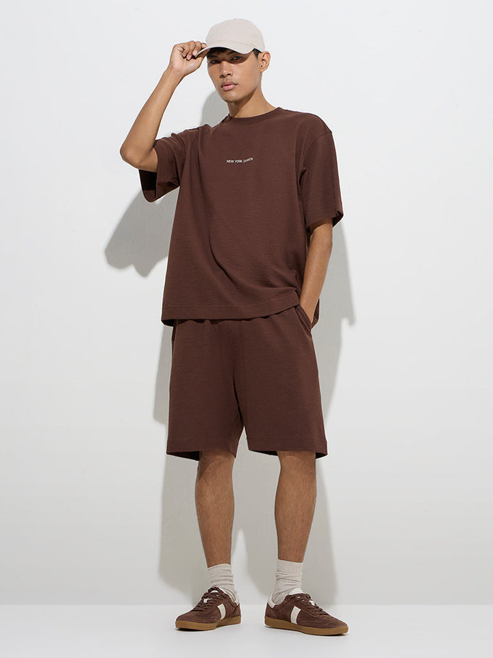 Studiofit Brown Self Relaxed-Fit Cotton-Blend T-Shirt