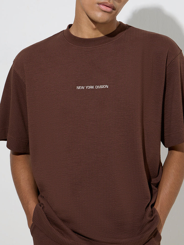 Studiofit Brown Self Relaxed-Fit Cotton-Blend T-Shirt