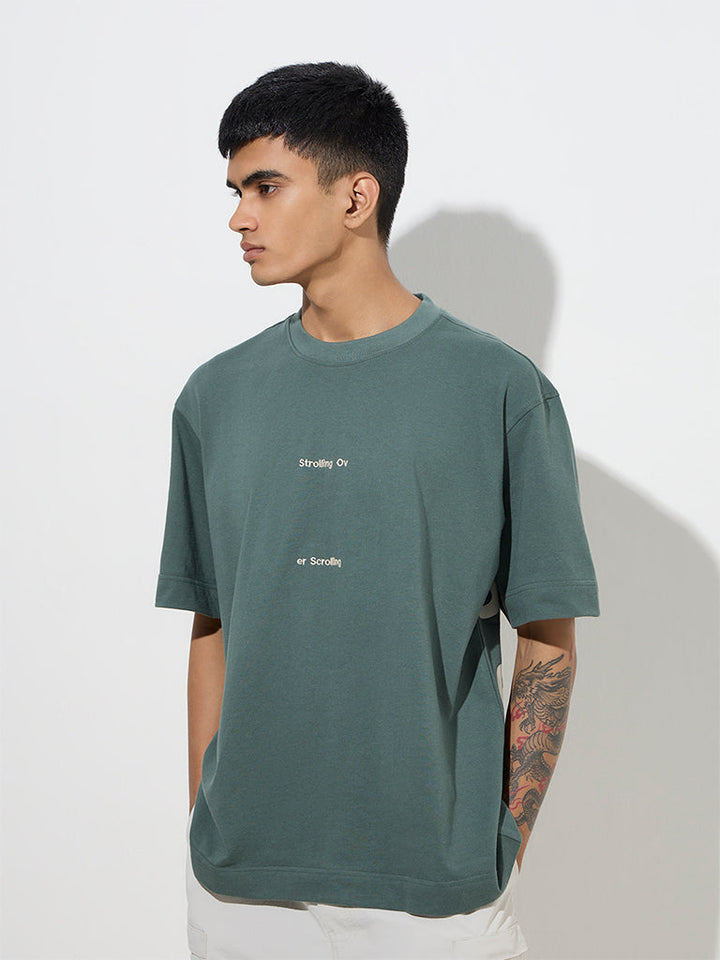 Studiofit Dark Green Text Design Relaxed-Fit Cotton T-Shirt