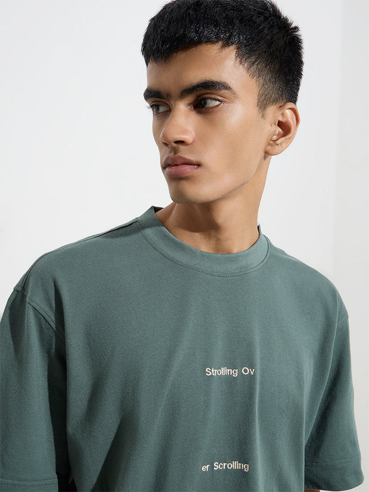 Studiofit Dark Green Text Design Relaxed-Fit Cotton T-Shirt