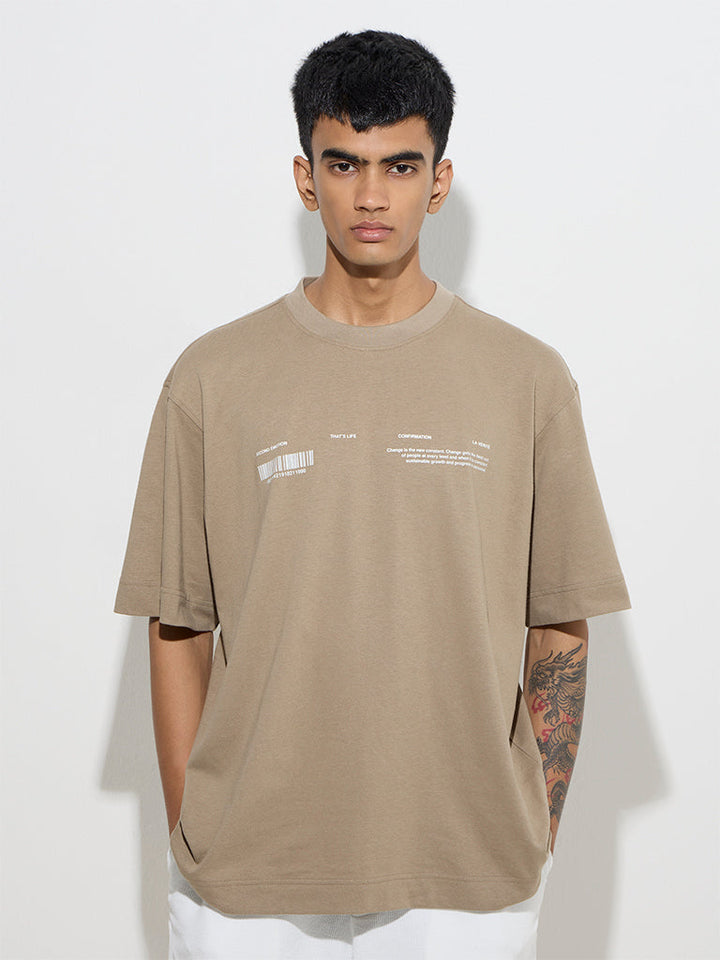 Studiofit Taupe Text Design Relaxed-Fit Cotton T-Shirt