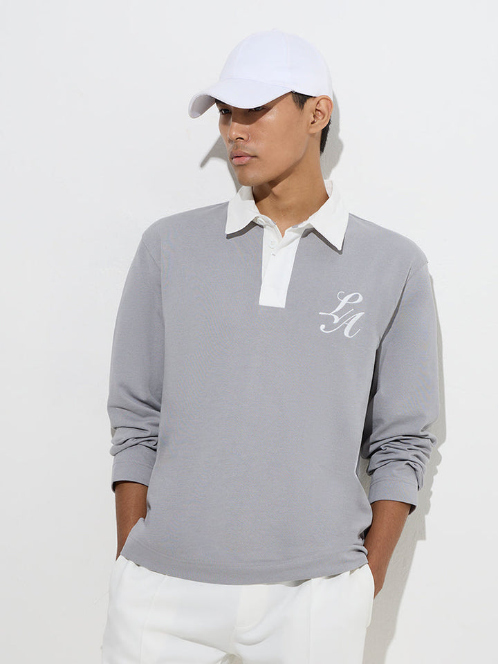 Studiofit Grey Printed Relaxed-Fit Cotton-Blend Sweatshirt