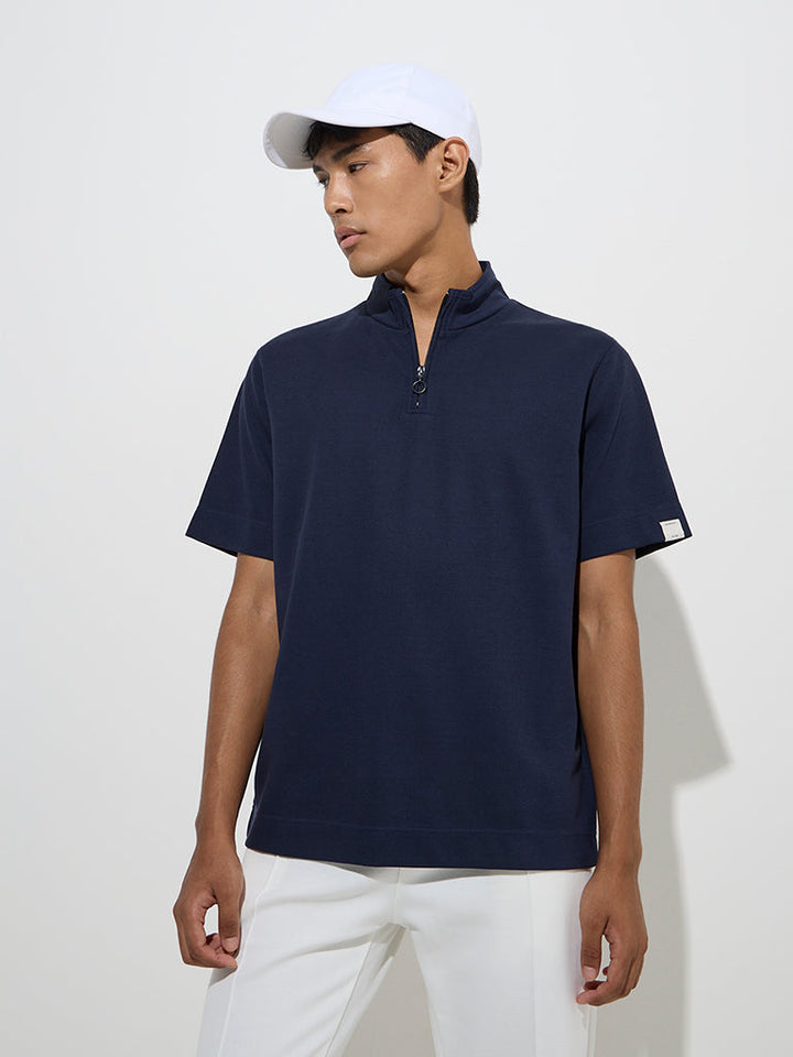 Studiofit Navy Relaxed-Fit Quarter Zip Cotton-Blend T-Shirt