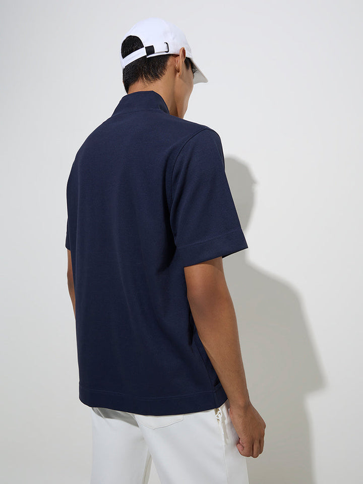 Studiofit Navy Relaxed-Fit Quarter Zip Cotton-Blend T-Shirt