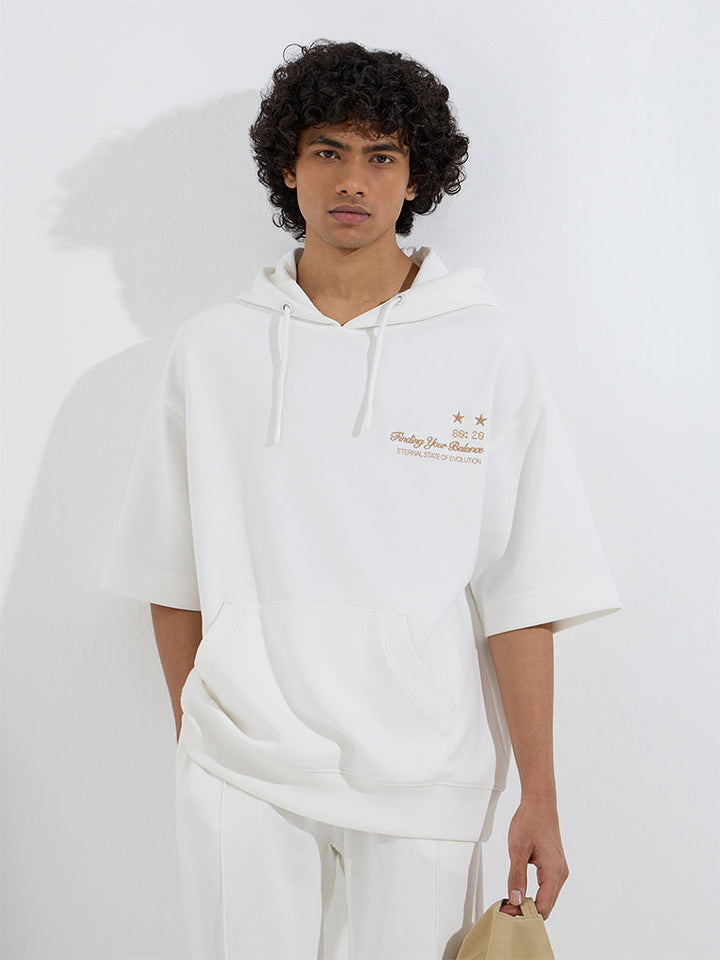 Studiofit Off-White Text Relaxed-Fit Cotton-Blend Hoodie