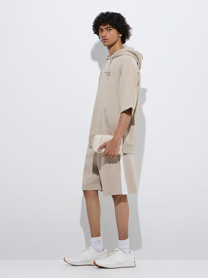 Studiofit Beige Text Print Relaxed-Fit Cotton-Blend Hoodie