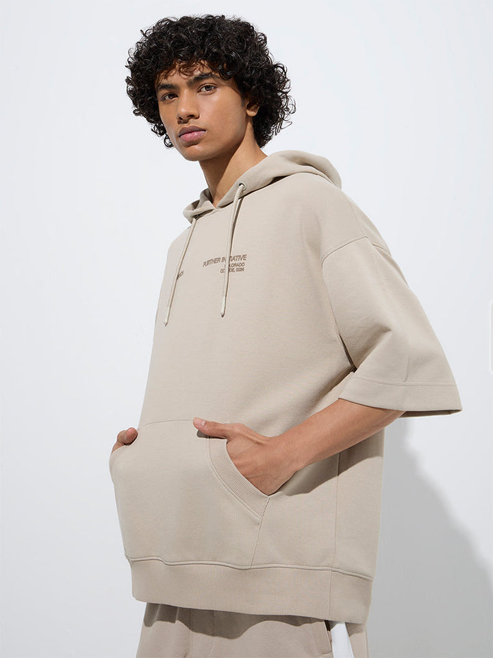 Studiofit Beige Text Print Relaxed-Fit Cotton-Blend Hoodie
