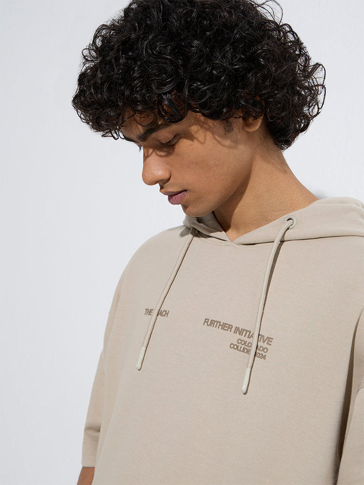 Studiofit Beige Text Print Relaxed-Fit Cotton-Blend Hoodie