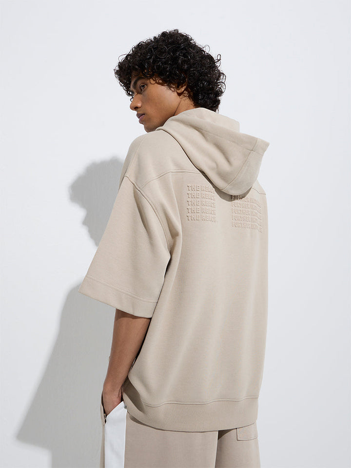Studiofit Beige Text Print Relaxed-Fit Cotton-Blend Hoodie
