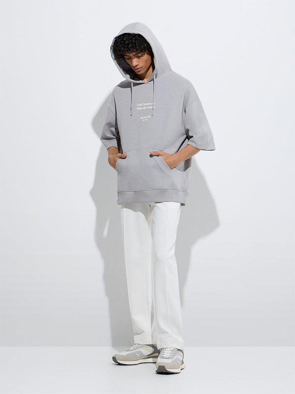 Studiofit Grey Text Printed Relaxed-Fit Cotton-Blend Hoodie