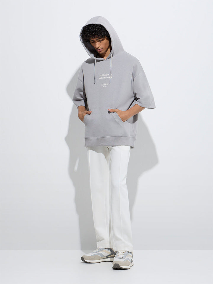 Studiofit Grey Text Printed Relaxed-Fit Cotton-Blend Hoodie