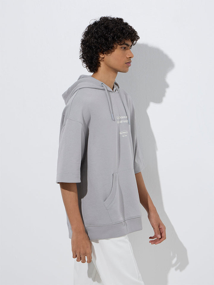 Studiofit Grey Text Printed Relaxed-Fit Cotton-Blend Hoodie