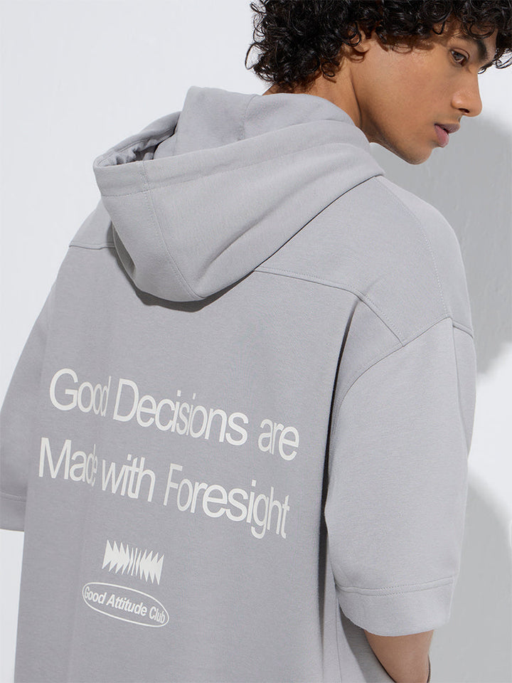 Studiofit Grey Text Printed Relaxed-Fit Cotton-Blend Hoodie