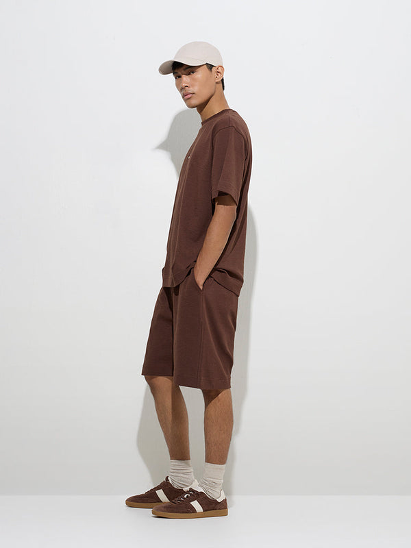 Studiofit Brown Self Relaxed-Fit Mid-Rise Cotton-Blend Shorts
