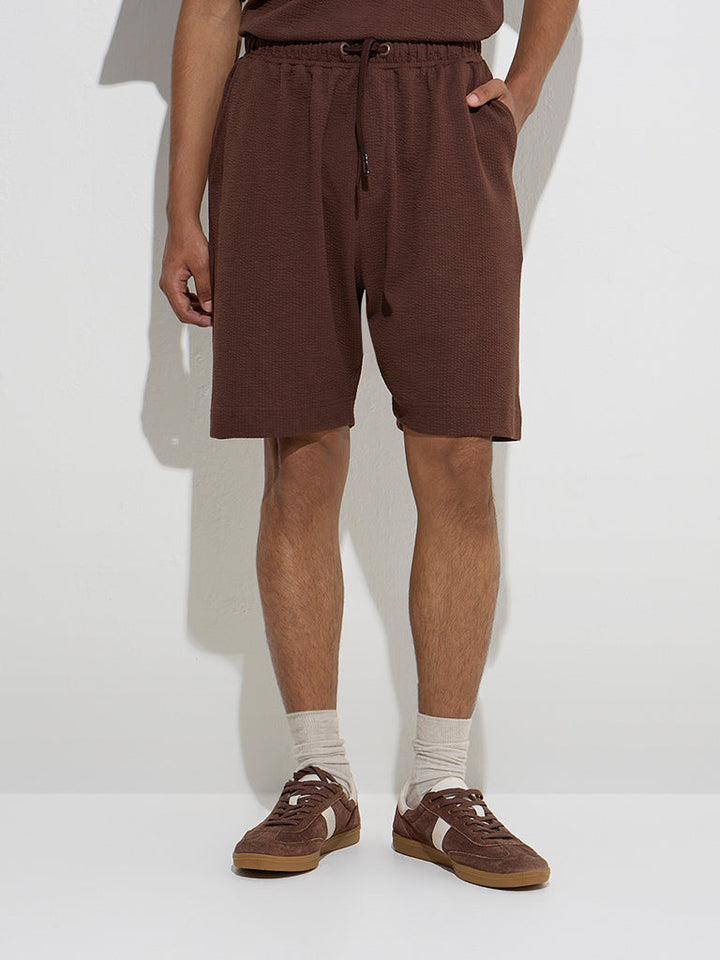 Studiofit Brown Self Relaxed-Fit Mid-Rise Cotton-Blend Shorts
