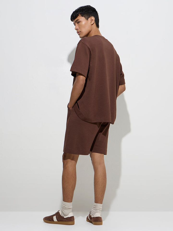 Studiofit Brown Self Relaxed-Fit Mid-Rise Cotton-Blend Shorts