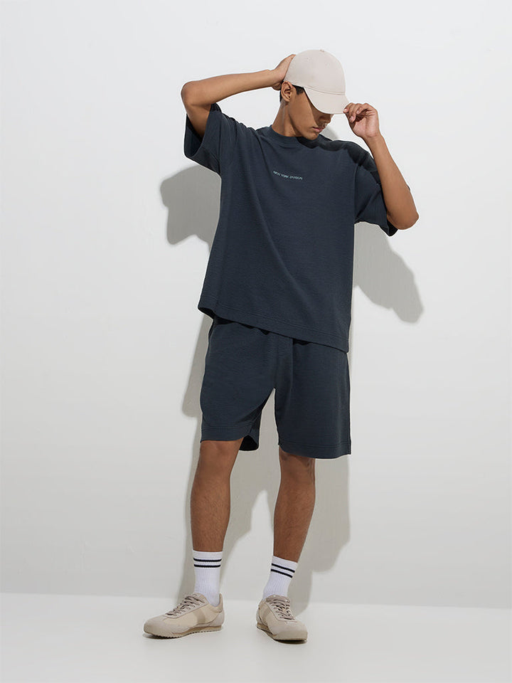 Studiofit Dark Teal Crinkle Relaxed-Fit Cotton-Blend Shorts