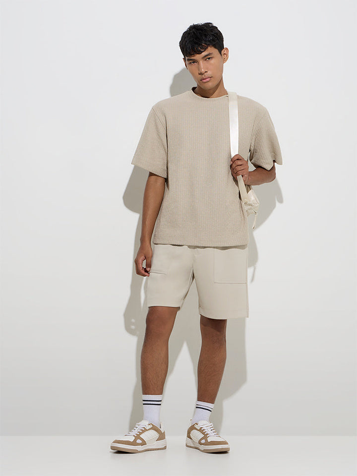 Studiofit Beige Solid Relaxed-Fit Mid-Rise Shorts