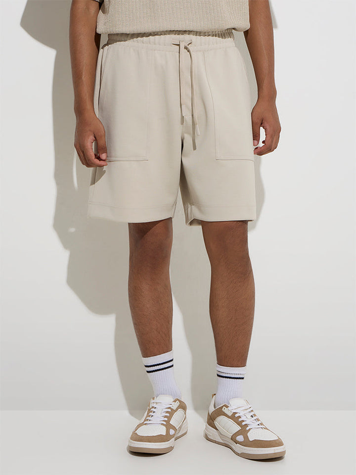 Studiofit Beige Solid Relaxed-Fit Mid-Rise Shorts