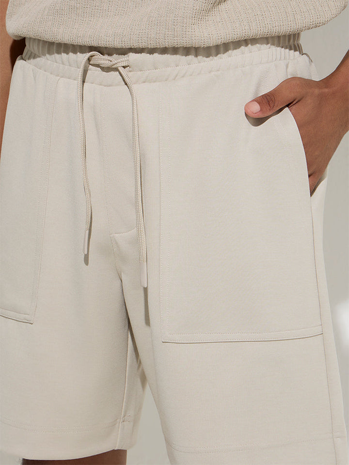 Studiofit Beige Solid Relaxed-Fit Mid-Rise Shorts