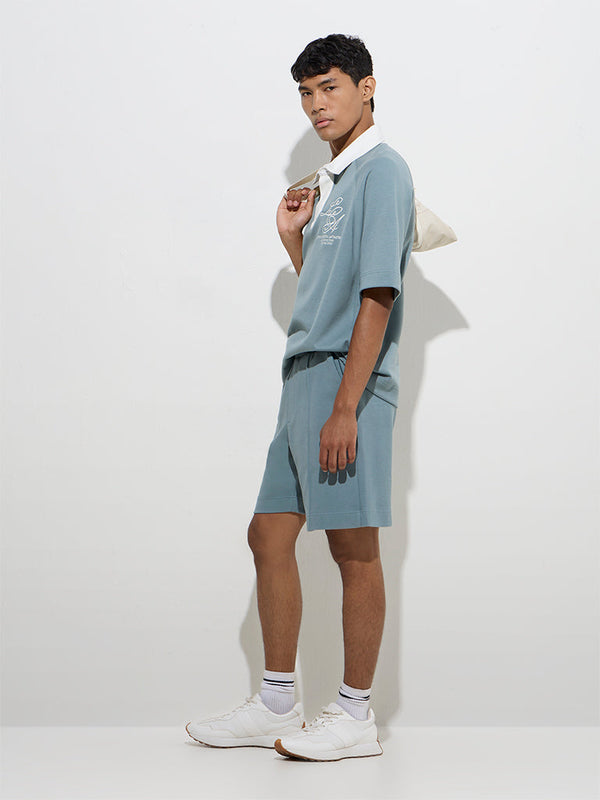 Studiofit Teal Mid-Rise Relaxed-Fit Cotton-Blend Shorts