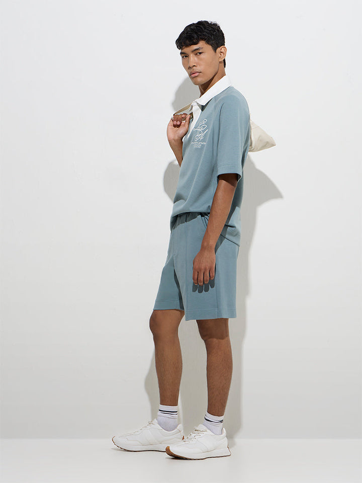 Studiofit Teal Mid-Rise Relaxed-Fit Cotton-Blend Shorts