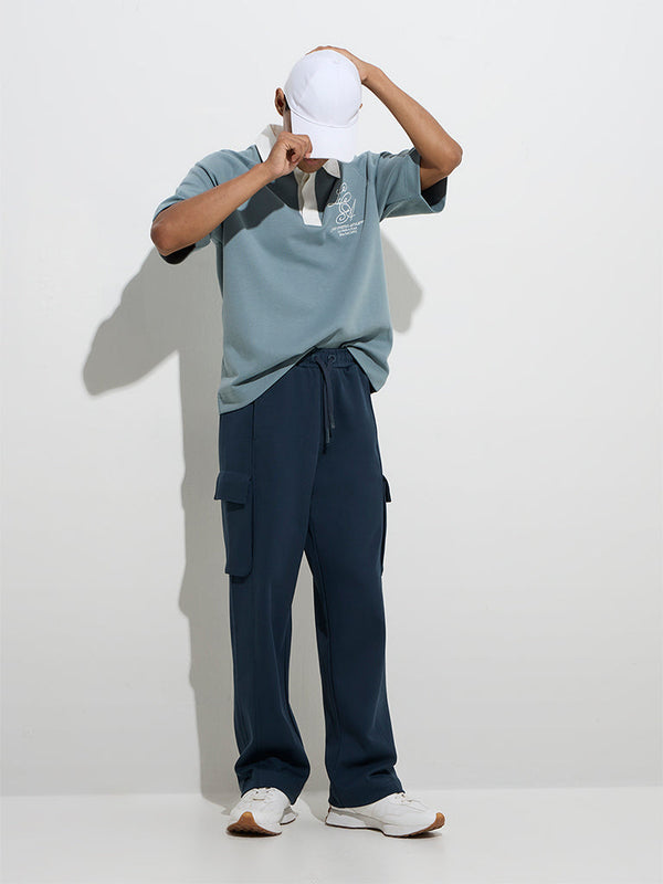 Studiofit Teal Solid Relaxed-Fit Cotton-Blend Track Pants