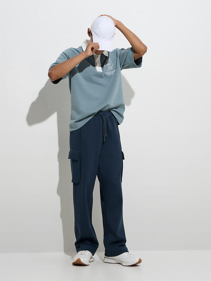Studiofit Teal Solid Relaxed-Fit Cotton-Blend Track Pants