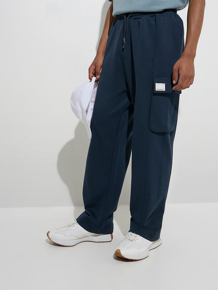 Studiofit Teal Solid Relaxed-Fit Cotton-Blend Track Pants