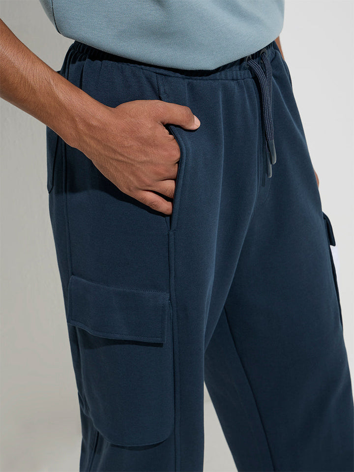 Studiofit Teal Solid Relaxed-Fit Cotton-Blend Track Pants