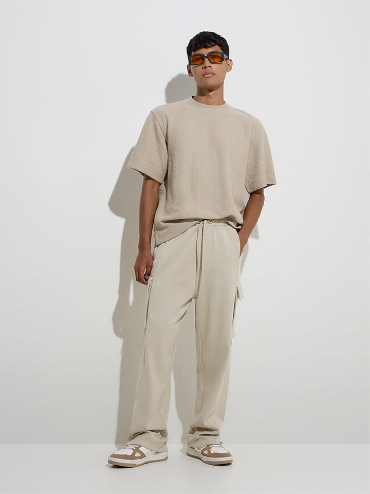 Studiofit Beige Solid Relaxed-Fit Cotton-Blend Track Pants