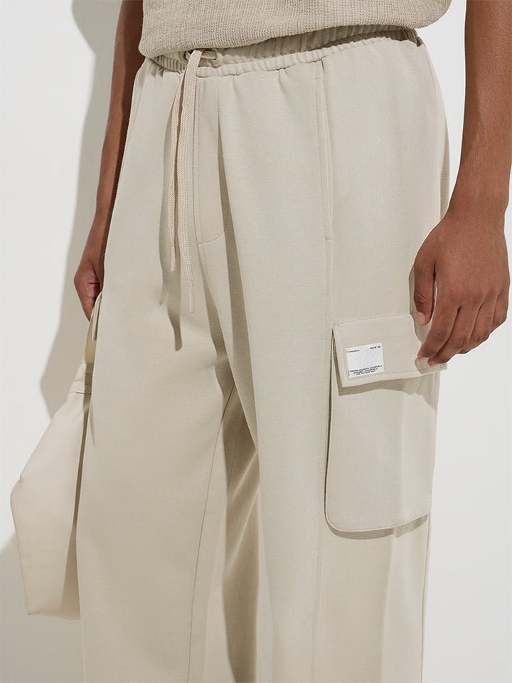 Studiofit Beige Solid Relaxed-Fit Cotton-Blend Track Pants