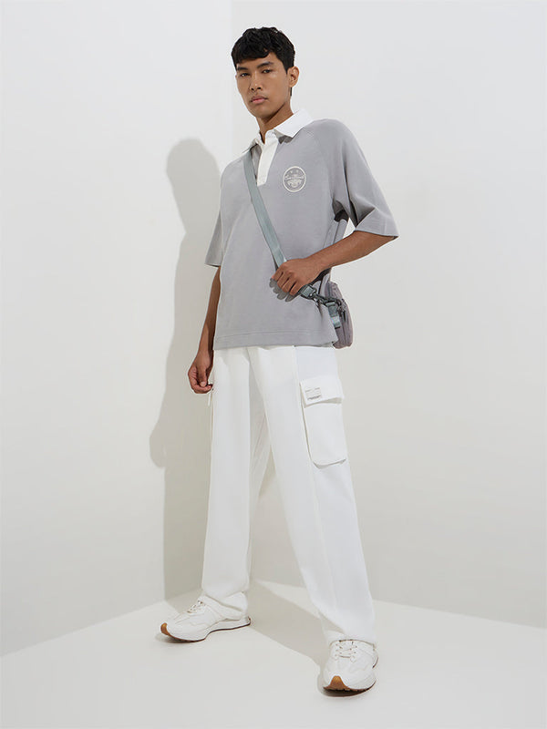 Studiofit White Solid Relaxed-Fit Cotton-Blend Track Pants