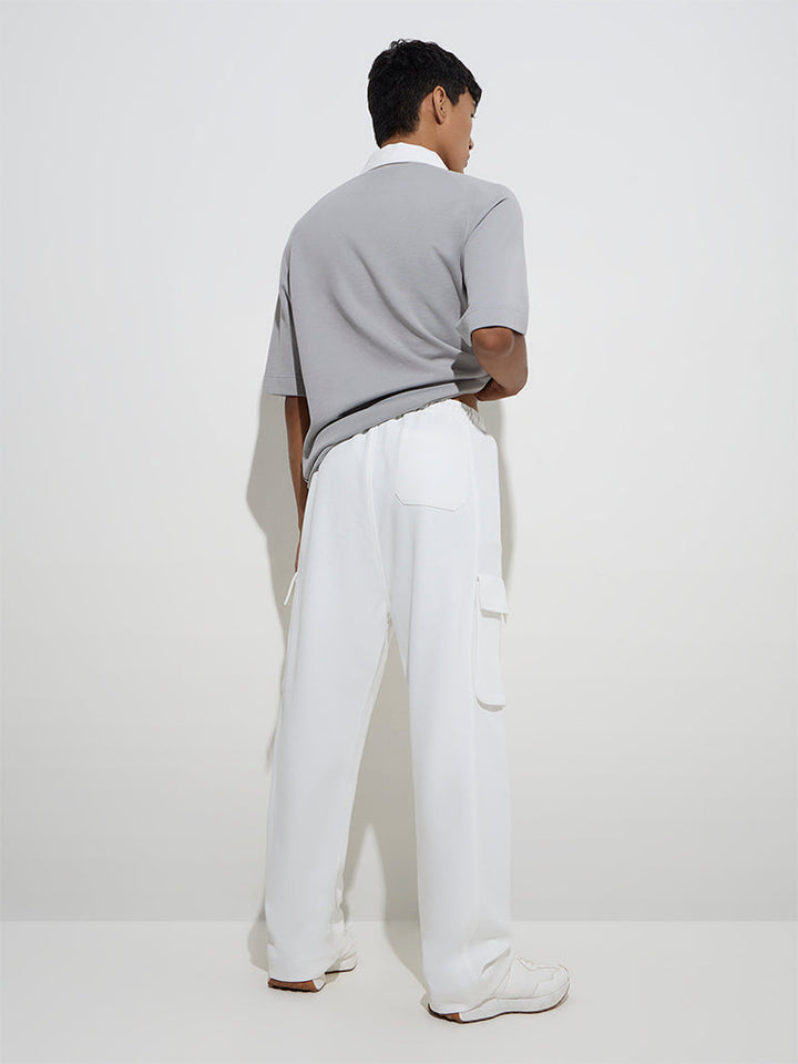 Studiofit White Solid Relaxed-Fit Cotton-Blend Track Pants