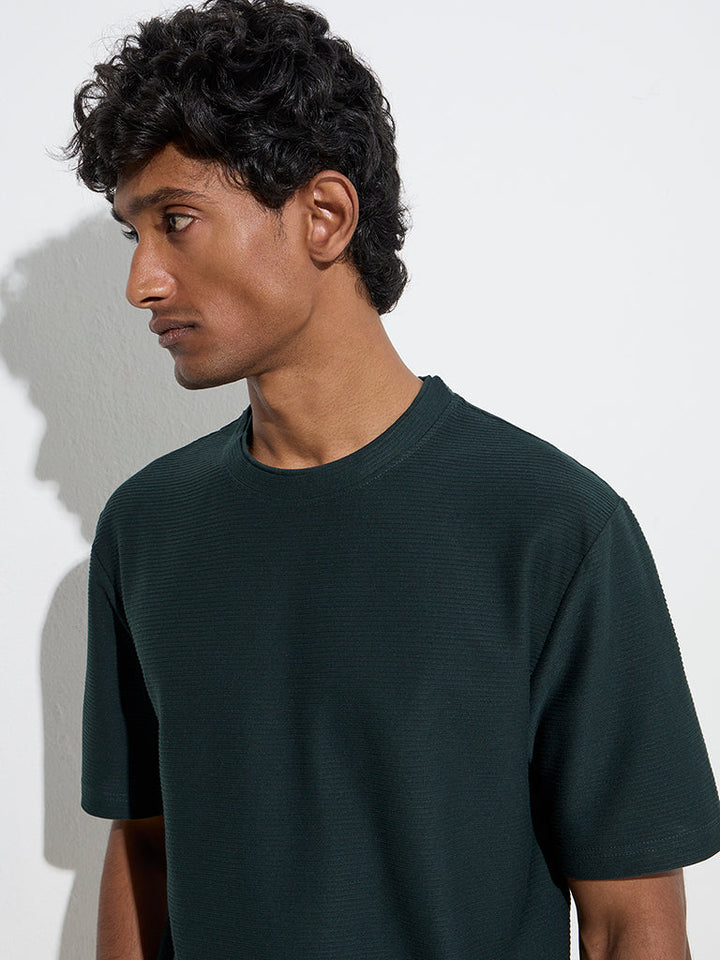 WES Casuals Green Ribbed Relaxed-Fit Cotton-Blend T-Shirt
