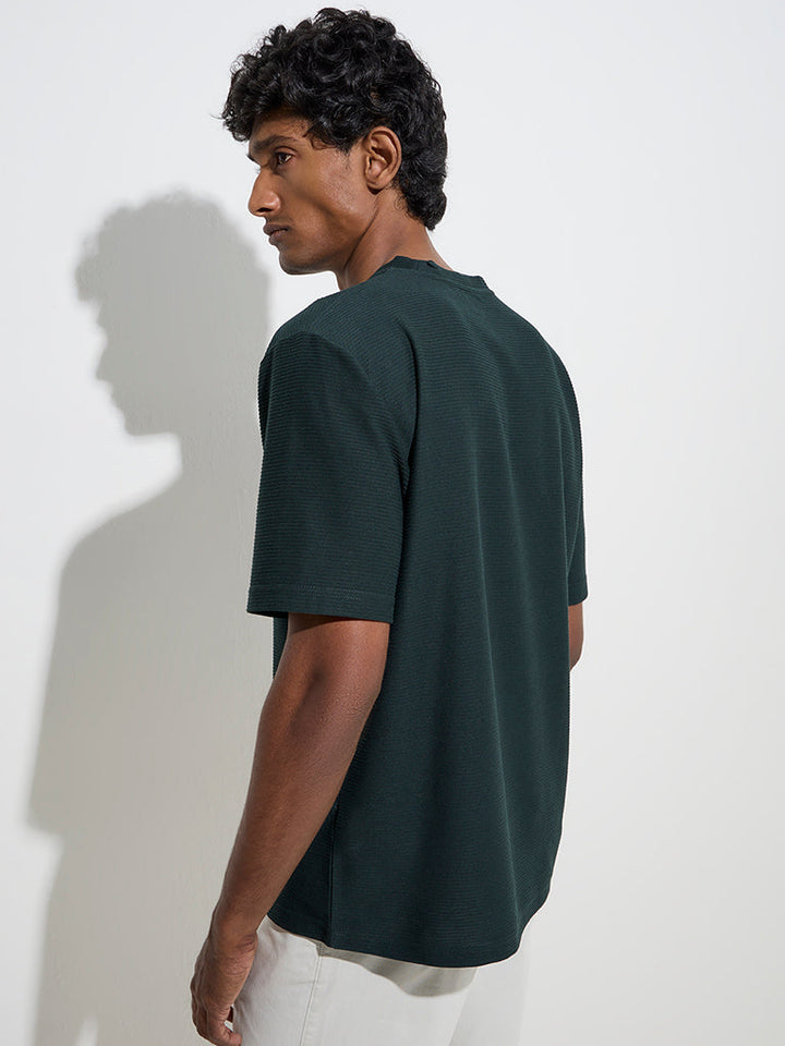 WES Casuals Green Ribbed Relaxed-Fit Cotton-Blend T-Shirt