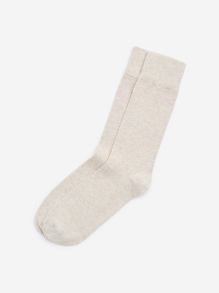 WES Lounge Beige Solid Full-Length Cotton-Blend Socks