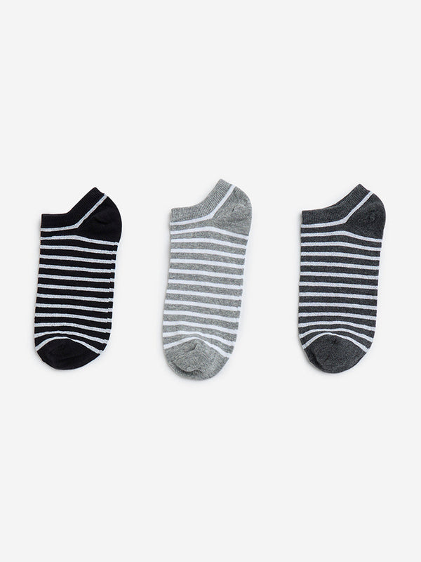 WES Lounge Grey Striped Cotton-Blend Socks- Pack of 3
