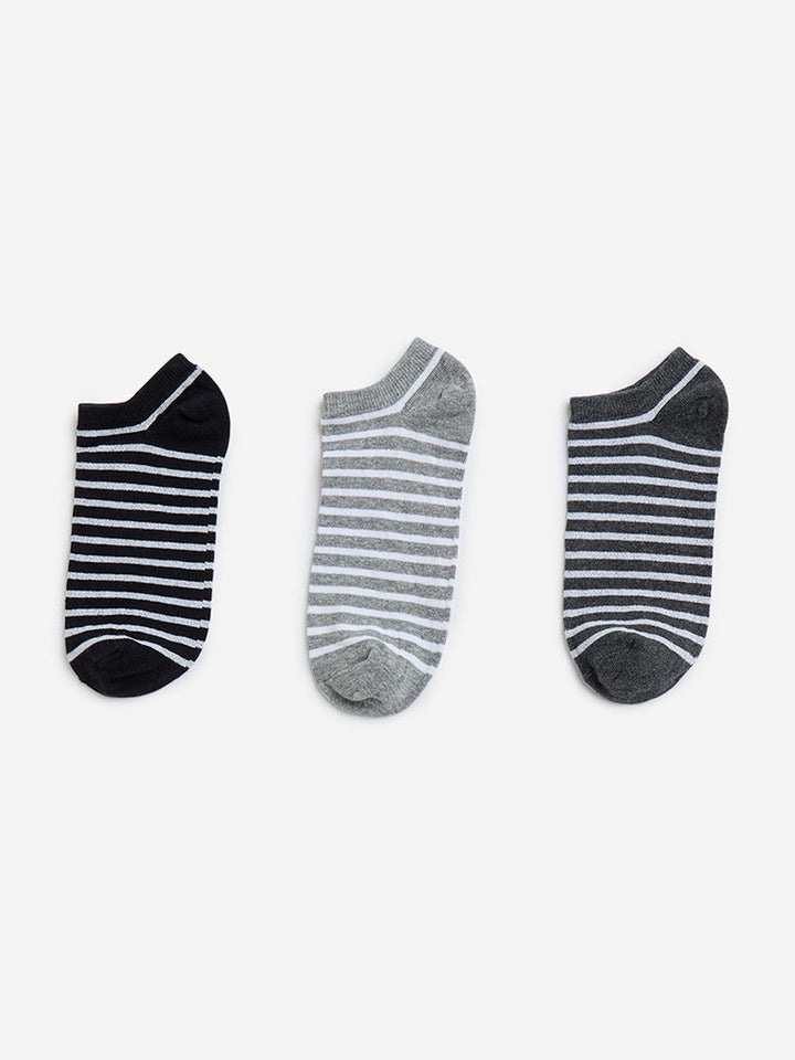 WES Lounge Grey Striped Cotton-Blend Socks- Pack of 3