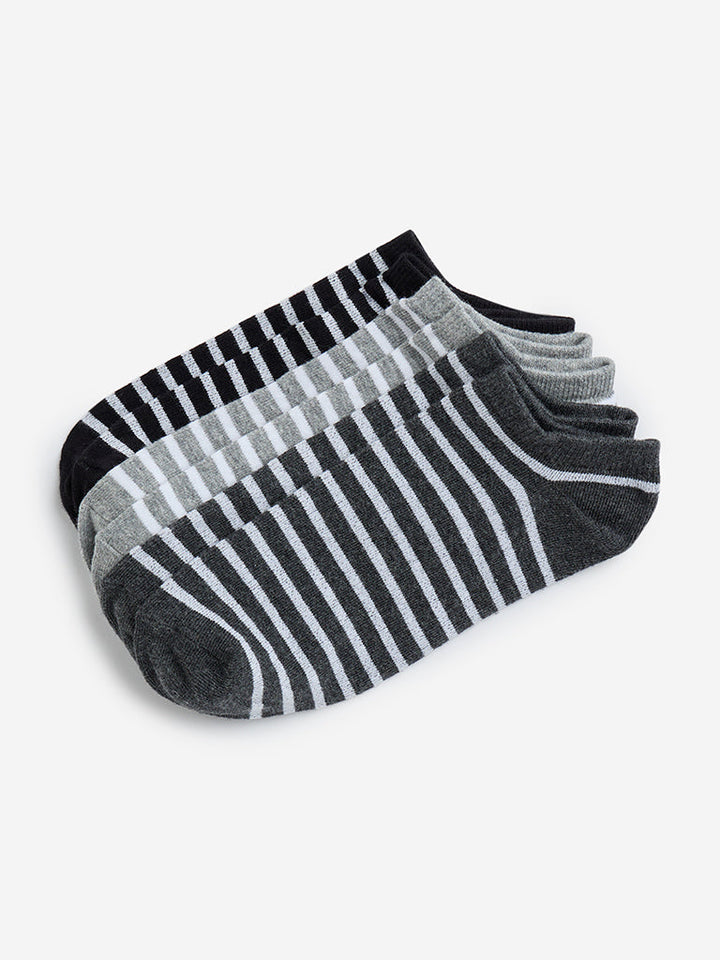 WES Lounge Grey Striped Cotton-Blend Socks- Pack of 3